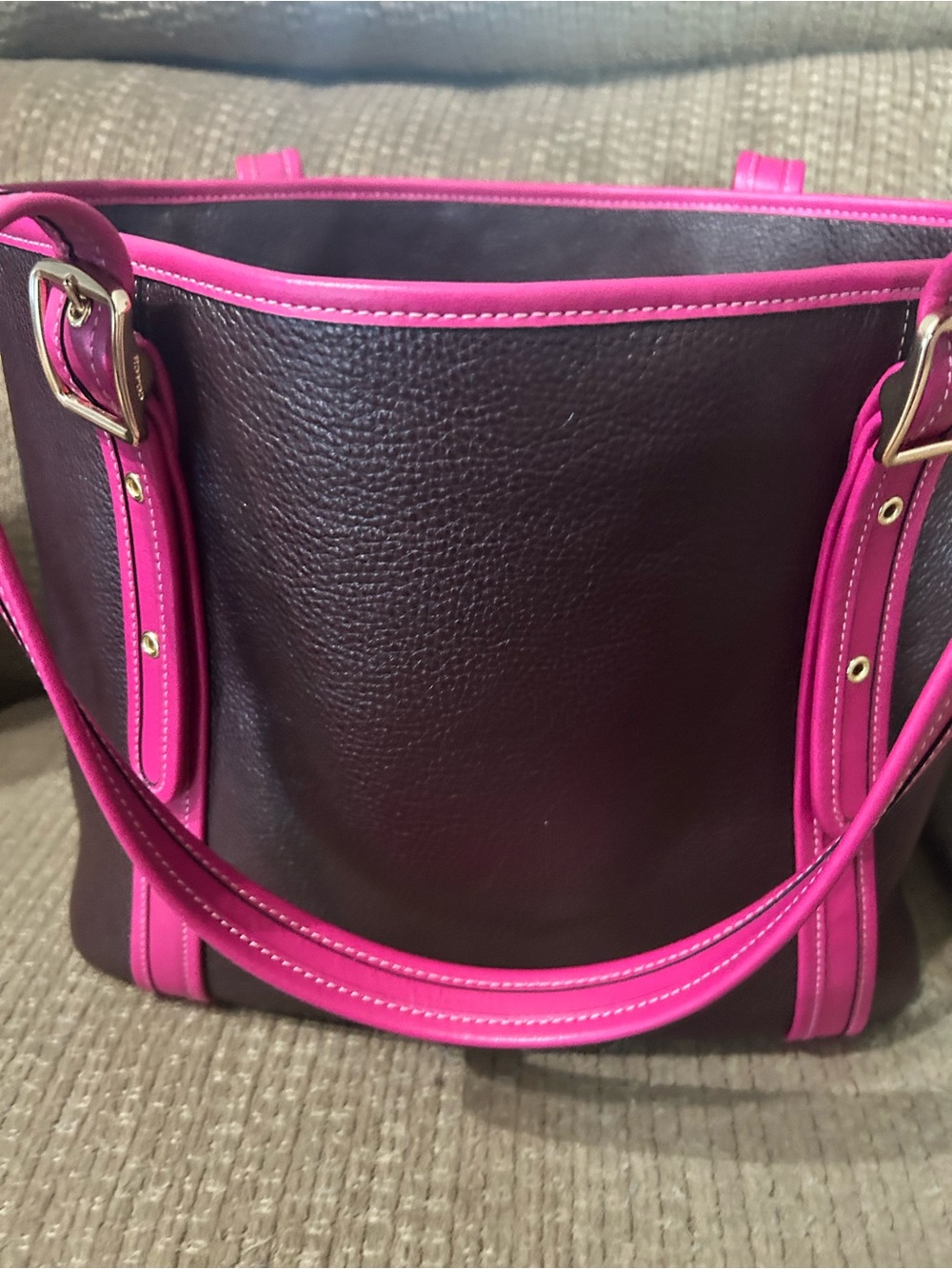 Coach Brown Leather Tote with Hot Pink Trim and Straps - Picture 3 of 5